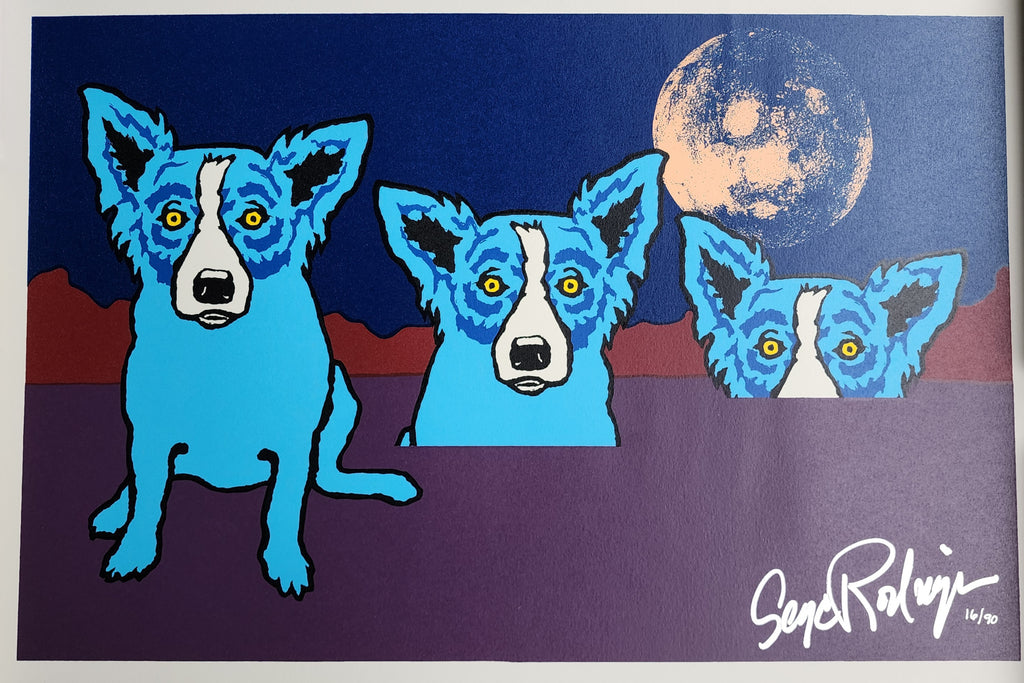 "The Blues are Pulling Me Down with Moon" Blue Dog Print by George Rodrigue - Signed