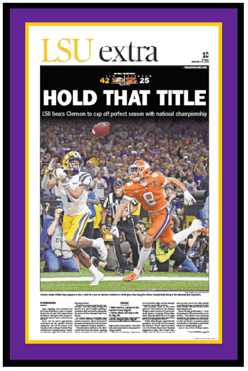 The Advocate Front Page - LSU Tigers National Champions - "Hold That Title" - Framed
